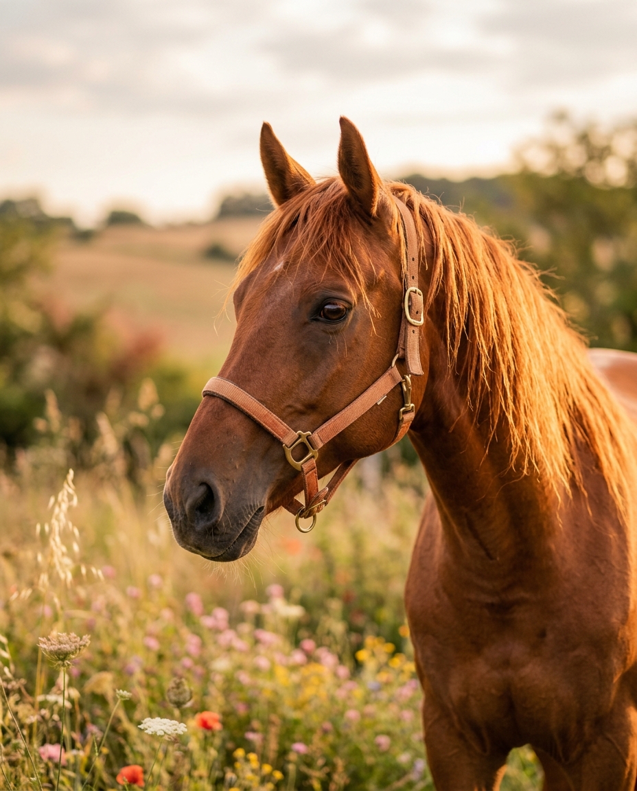 Cheval bai au soleil, encolure et crinière, lumière chaude de fin d'après-midi